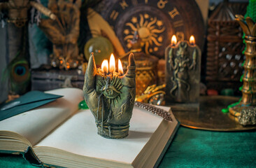 A beautifully arranged witch altar scene featuring glowing candles, ancient tarot cards, a crystal...