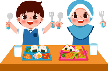 Happy Children Enjoying Healthy School Lunch Together