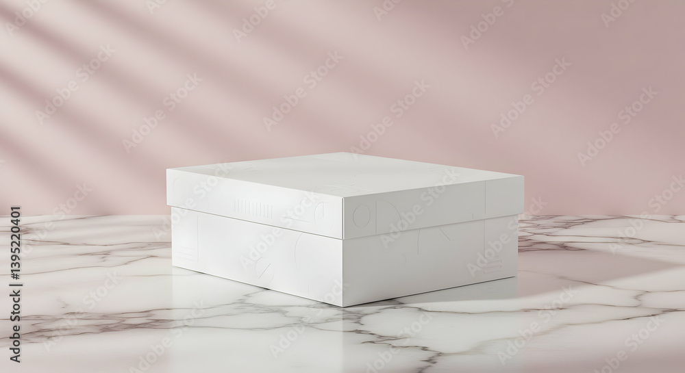 Poster white box display on marble surface with pink background