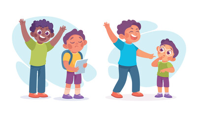 Angry Kids Bullying and Abusing the Weak Agemate Teasing and Laughing at Them Vector Set