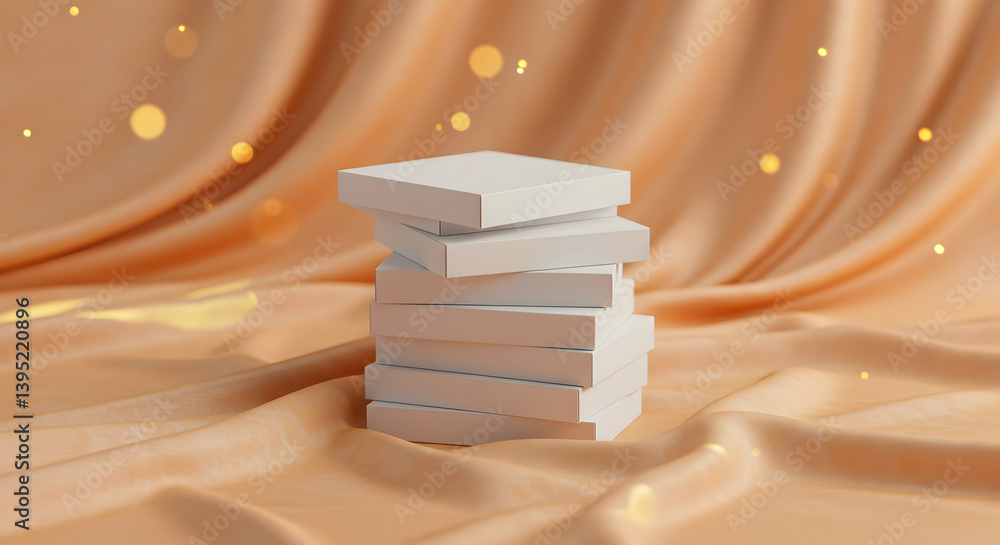 Poster stack of white boxes on peach fabric background