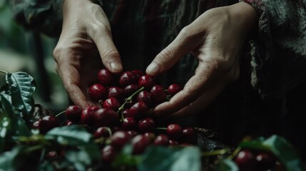 farmer's hands holding freshly picked cherries