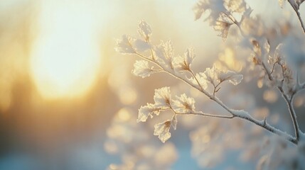 Frost-kissed branches glisten against a soft sunrise, capturing the essence of a tranquil winter morning.