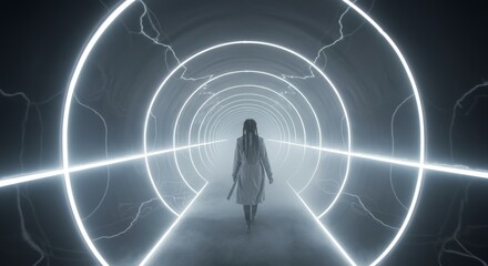 Woman Walking Through a Futuristic Tunnel with Neon Lights and Fog