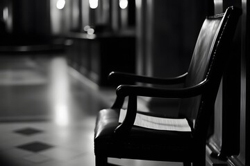 A minimalistic shot of an empty courtroom chair with a blurred gavel and papers in the background. The empty space on the left invites room for creative copy about justice or legal matters. 