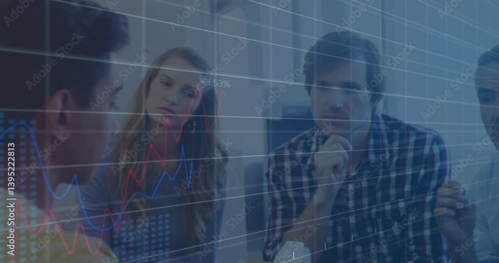 Poster analyzing financial graphs and data projections, business team working in office
