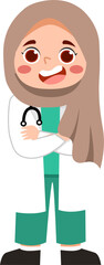 Smiling Muslim Female Doctor in Teal Scrubs and Taupe Hijab