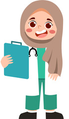 Smiling Muslim Girl Doctor with Clipboard and Stethoscope