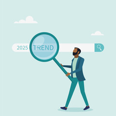 Fototapeta premium Character using magnifying glass to discover website. Researching 2025 trends, vision of new business or career opportunity. Vector illustration. 