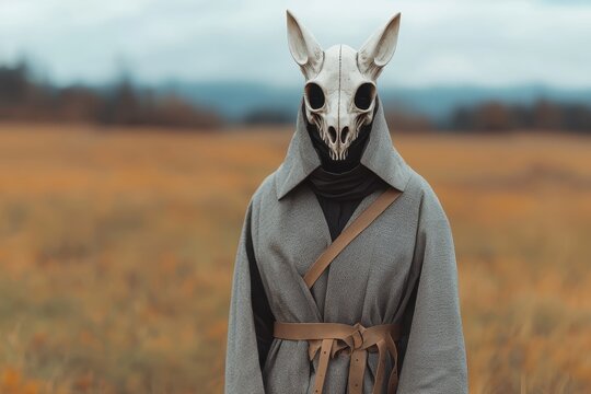 A wildman wearing a headdress made of animal bones and leather straps, standing in a stormy savannah, cinematic effect.