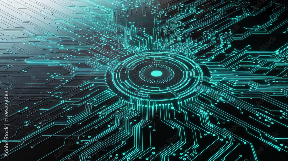 Poster abstract image of glowing teal circuit board lines converging on central circle, symbolizing technol