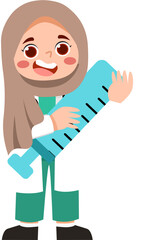 Smiling Girl in Hijab Holding Giant Syringe, Healthcare Cartoon Illustration