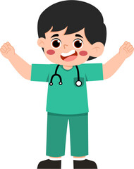 Joyful Child Doctor in Teal Scrubs, Arms Raised in Celebration