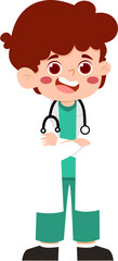 Smiling Boy Doctor in White Coat and Teal Scrubs