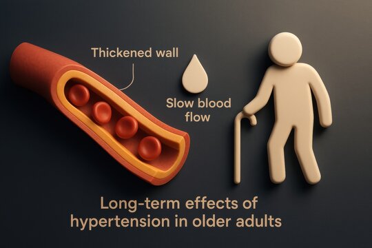 Long-term effects of hypertension in older adults: A visualization depicting the long-term effects of hypertension, including thickened arterial walls, slow blood flow. - Powered by Adobe