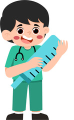 Smiling Boy Doctor Holding Giant Syringe Cartoon Illustration