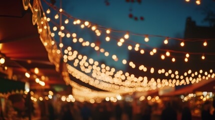 Twinkling string lights illuminate a bustling evening market, creating a dreamy, festive ambiance under the twilight sky.