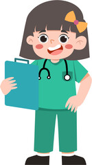Smiling Girl Doctor with Clipboard and Stethoscope, Cartoon Illustration