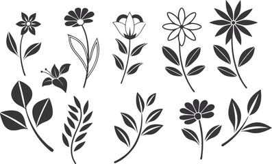 A collection of stylized flower shapes in black and white.
