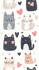 Cute Cat Pattern with Hearts and Playful Designs