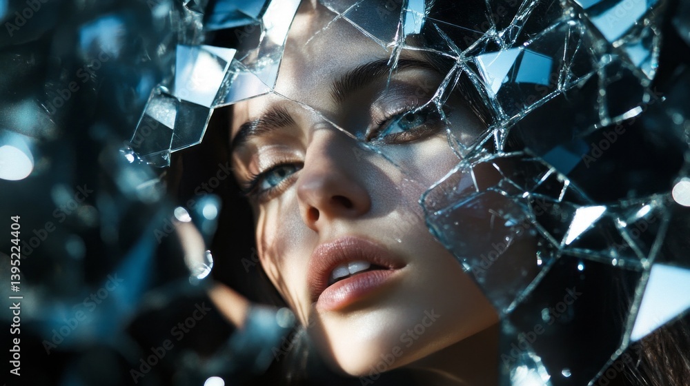 Poster A captivating portrait features a model gazing through shattered mirror fragments, creating a mesmerizing interplay of light and reflections. The setting enhances the enchanting mood