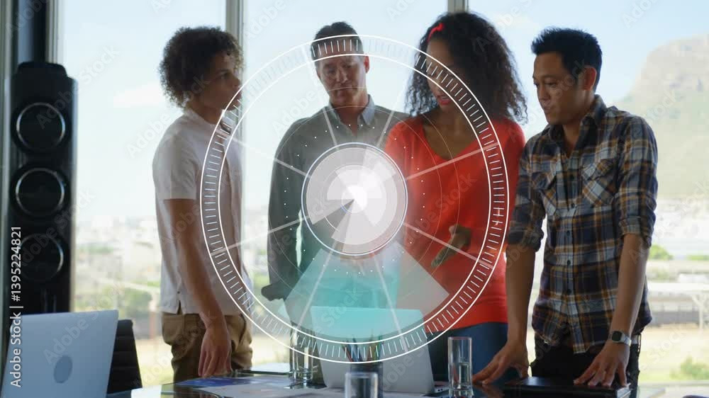 Poster diverse team collaborating at office with digital target animation overlay
