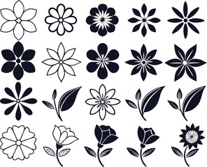 A collection of stylized flower shapes in black and white.
