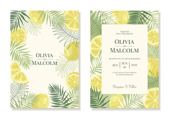 Wedding Invitation Templates With Botanical Tropical Print, Palm Leaves and Lemons. Vector