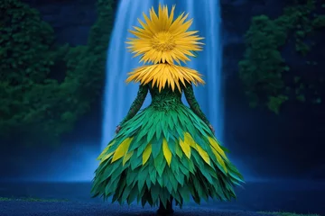 A wild queen wearing an intricate dress made of leaves and golden flowers, standing by a glowing waterfall, mythical vibe. , closes up