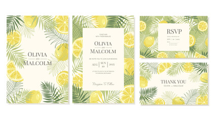 Summer Tropical Wedding Invitation with Palm Leaves And Lemons. Vector Card Templates