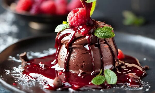 High-resolution photography of a gourmet-style chocolate mousse dessert presented in a fine dining setting with a drizzle of raspberry sauce