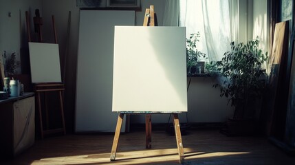 A naturally lit artist's studio with a blank canvas on an easel, evoking creativity and potential in a tranquil space.