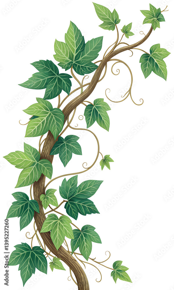 Poster intricate vine branch with twisting shape and rich green hues in a transparent png format transparen