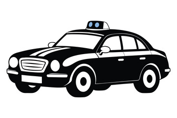 Black and White Sedan Car Silhouette with Blue Flashing Lights on a White Background