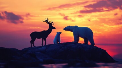 majestic sunset silhouette of deer polar bear and cub