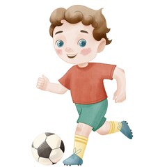 Happy boy running and kicking a soccer ball, colorful children’s sports illustration.