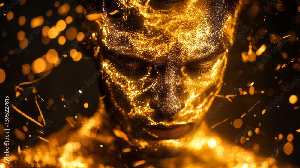 Poster radiating an otherworldly glow, a man with golden metallic skin captivates in a dimly lit studio. vi
