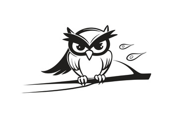 Stylized Black Owl Silhouette Perched on Branch With Leaves, Minimalist Design,
