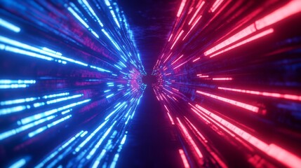 Naklejka premium A dazzling visual symphony of blue and pink neon lights create a futuristic tunnel illusion, suggesting limitless possibilities and dynamic energy.