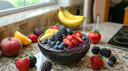 Tigela de açaí vibrante com frutas tropicais, cenário natural de cozinha e clima matinal arejado criado com a tecnologia Generative AI