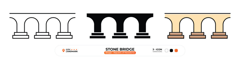 Stone Bridge Line Icon. Skopje, Republic of Macedonia Landmark, Silhouette, Color Vector, Editable Stroke.