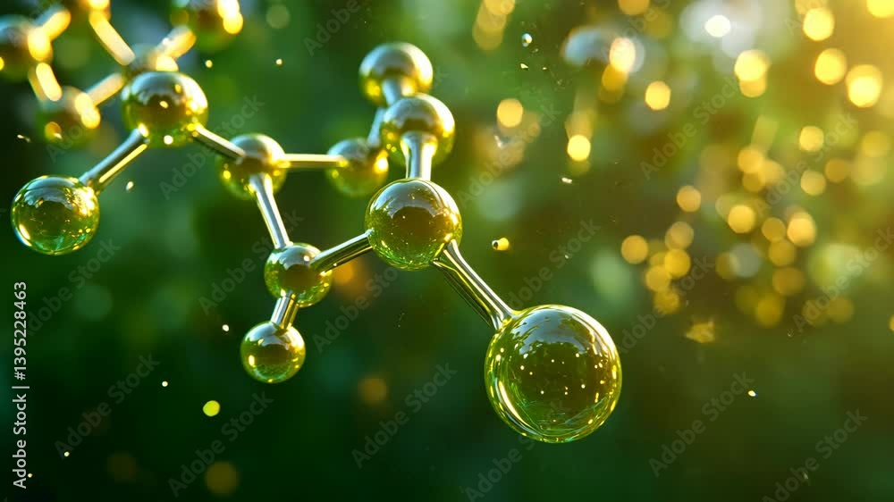 Poster molecular structure visualization: close-up of scientific model with green and gold tones, exploring