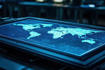 A holographic world map on a digital table, surrounded by futuristic devices, AI-driven workspace, glowing interface.