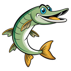 Cartoonish Green Pike with Yellow Fins, Big Blue Eyes, Wide Smile on White Backdrop