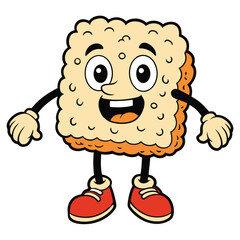 Cartoon Cracker Character with Smiling Face, Arms, Legs, and Red Shoes on White Background