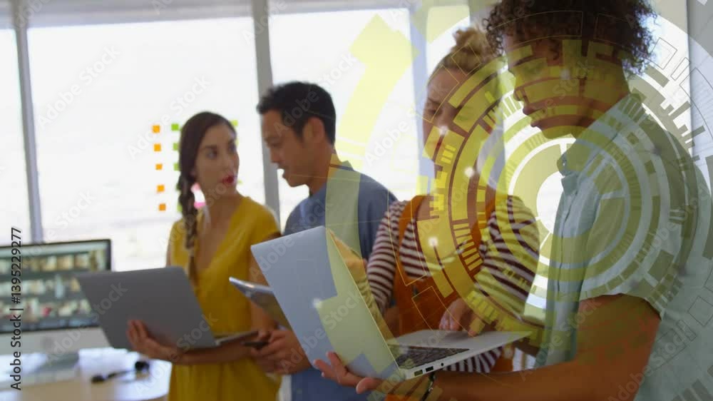 Poster diverse team using laptops with digital data processing animation overlay