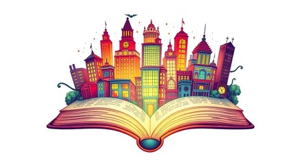 Magical Metropolis: Vibrant Cityscape Emerging from Open Book