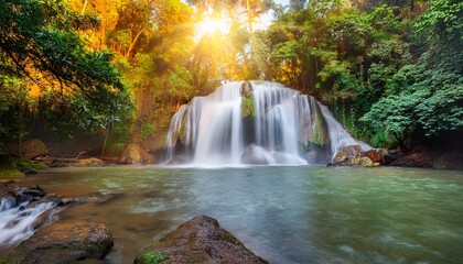Jungle with many big trees and leaves canopy, beautiful waterfall and ray of light