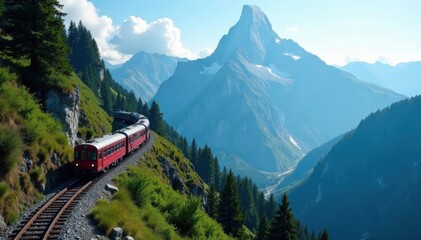 Majestic mountain railway, train climbing steep incline, perspective, tracks