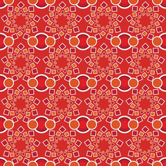 Seamless pattern bursts with geometric Ikat flowers in orange and red hues, glowing against a deep red background. Its vibrant palette and ornamental rhythm evoke passion, tradition, artistic